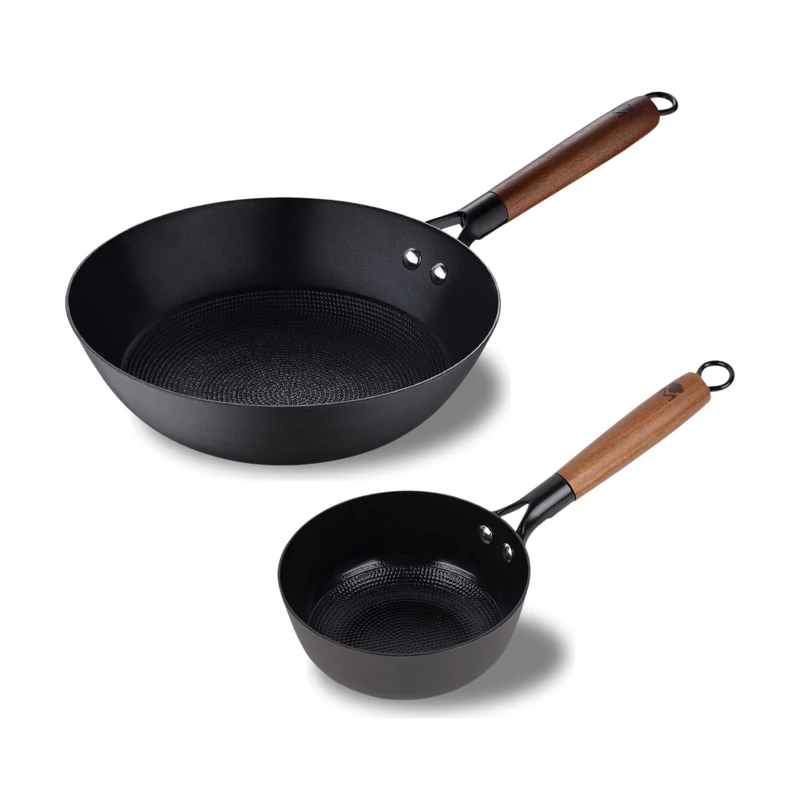 MasterPRO Odín 2-Piece Cookware, Pot 16 cm and Wok 24 cm, Made of Pressed Iron, Ceramic Non-Stick Coating, Ergonomic Handles Made of Acacia Wood, for All Cookers, PFOA Free