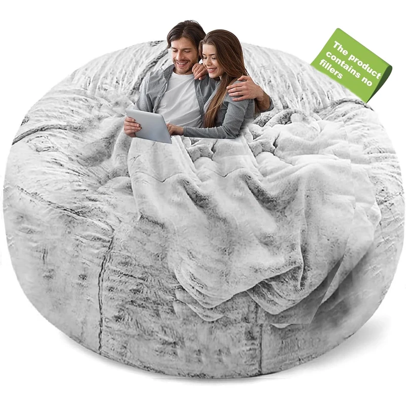 YudouTech (No Filler Bean Bag Chair Cover Without Filler,Big Round Soft Fluffy PV Velvet Washable Bean Bag Lazy Sofa Bed Cover for Adults,Living Room Bedroom Furniture Outside,5ft Snow Grey - Image 1