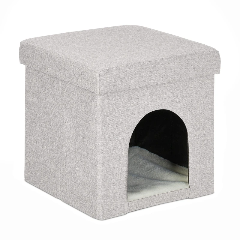 Relaxdays, Stool & Pet Cave, for Cats & Small Dogs, H x W x D : 38.5 x 37 x 37 cm, Polyester, MDF, Beige, Fibreboard