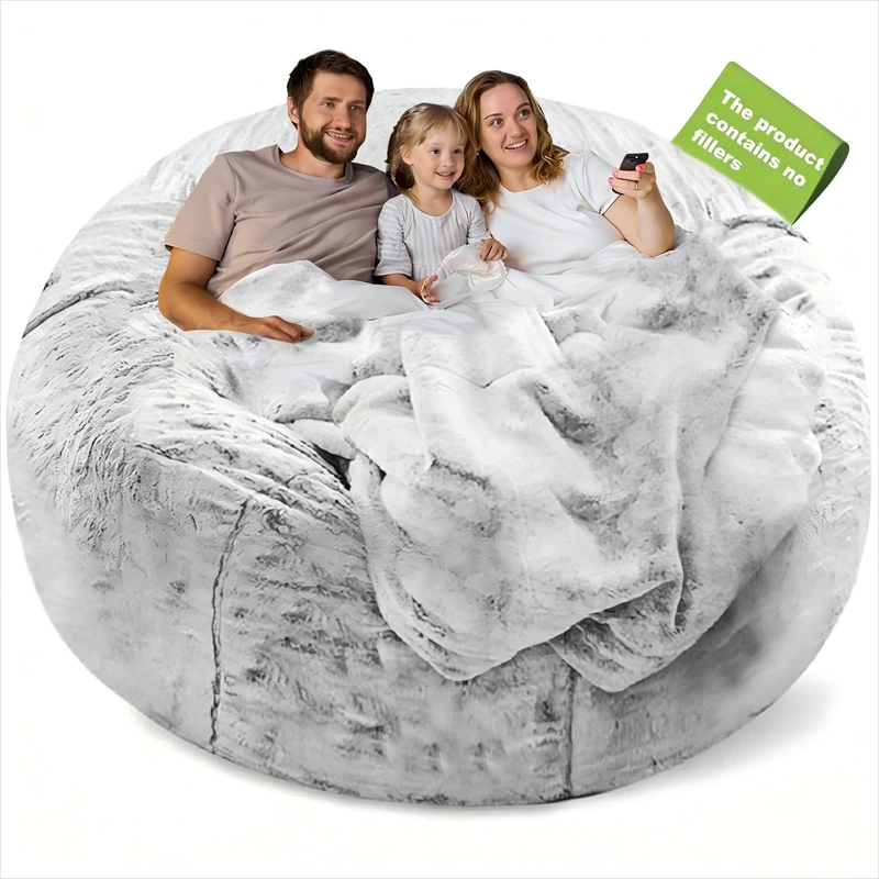 YudouTech Bean Bag Chair Cover(Cover Only,No Filler),Big Round Soft Fluffy PV Velvet Washable Bean Bag Lazy Sofa Bed Cover for Adults,Living Room Bedroom Furniture Outside Cover,6ft Snow Grey.