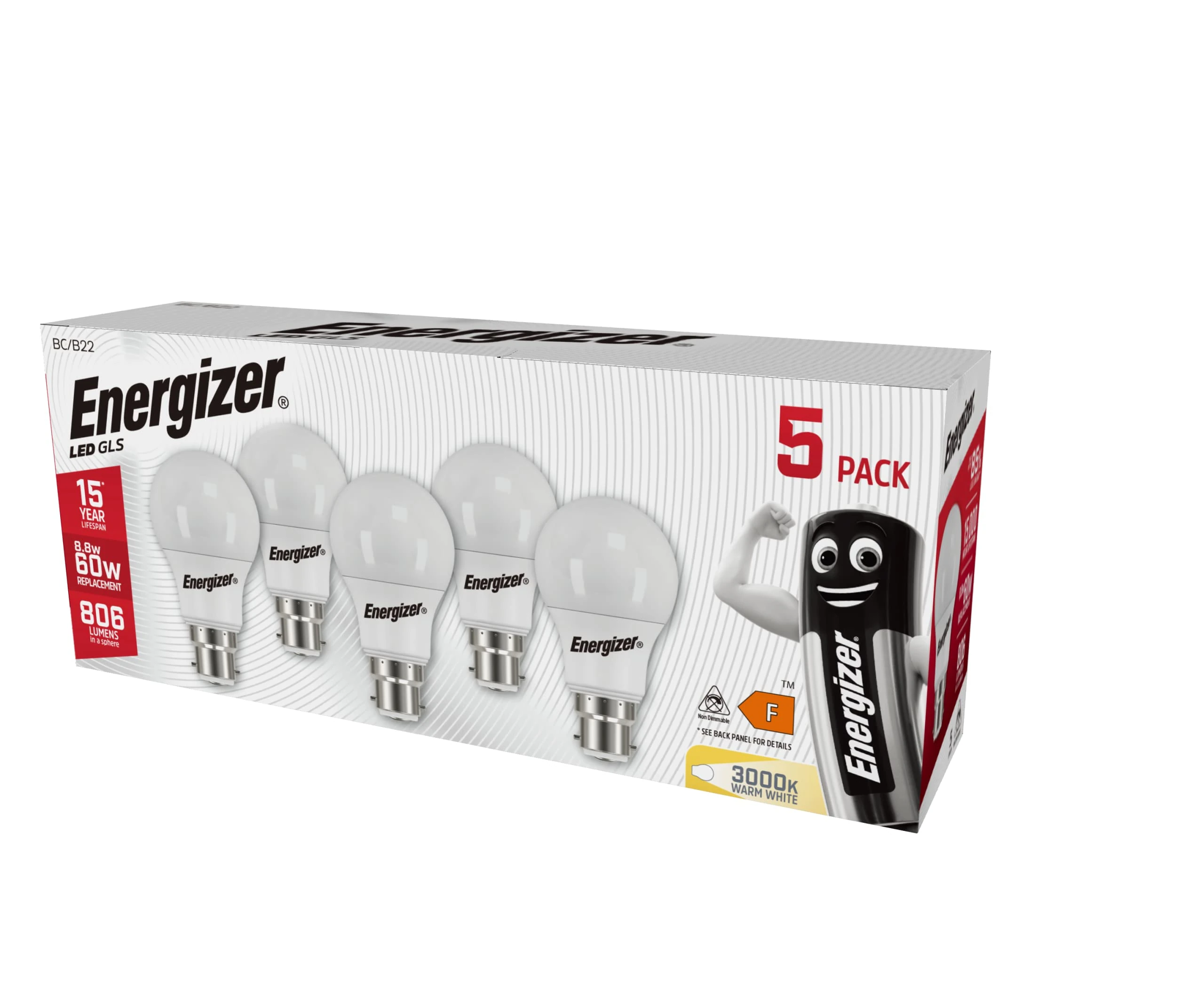Energizer Bayonet Light Bulb 60w, B22 LED Bulbs Warm White 3000K, Energy Saver Bulb, 806 Lumen, Non-Dimmable, Pack of 5