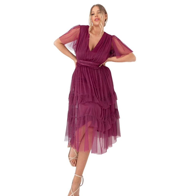 Anaya with Love Women's Midi Dress Ladies V Neckline Short Sleeves Ruffles Empire Waist Tiered Tulle Skirt for Wedding Guest Bridesmaid Plum Size 8
