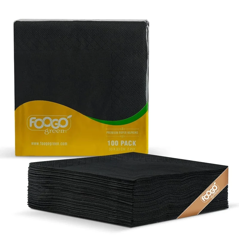 FOOGO Green 1000pcs Elegant Black Paper Napkins, FSC® Certified, 33 x 33 cm, 2 Ply Strong Paper Serviettes, Fully Home Compostable, Super Soft Paper Tissues, Cocktail Disposable Napkins
