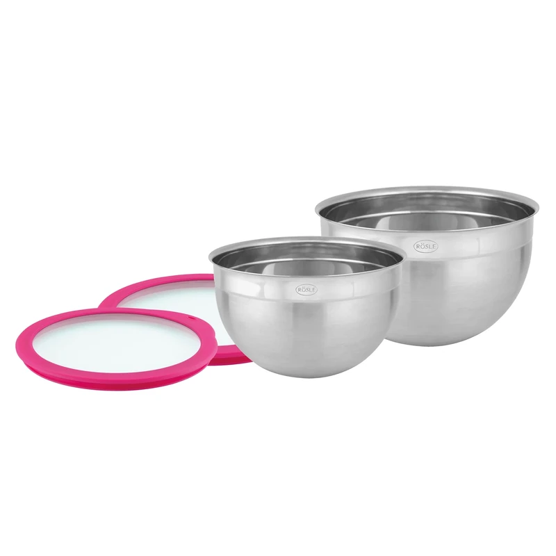 RÖSLE Bowl Set of 2 Food Storage Lids (Diameter 20 and 24 cm), Pink Charity Edition, High-Quality Stainless Steel Bowls for Preparing and Storing Food, Dishwasher Safe