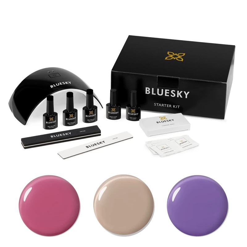 BLUESKY Gel Nail Polish Starter Kit - Spring, with Professional 24W UV LED Lamp Dryer, 3 x 10ml Polishes, Cleanser Wipes, Top and Base Coat, File Buffer, Pack Of 1