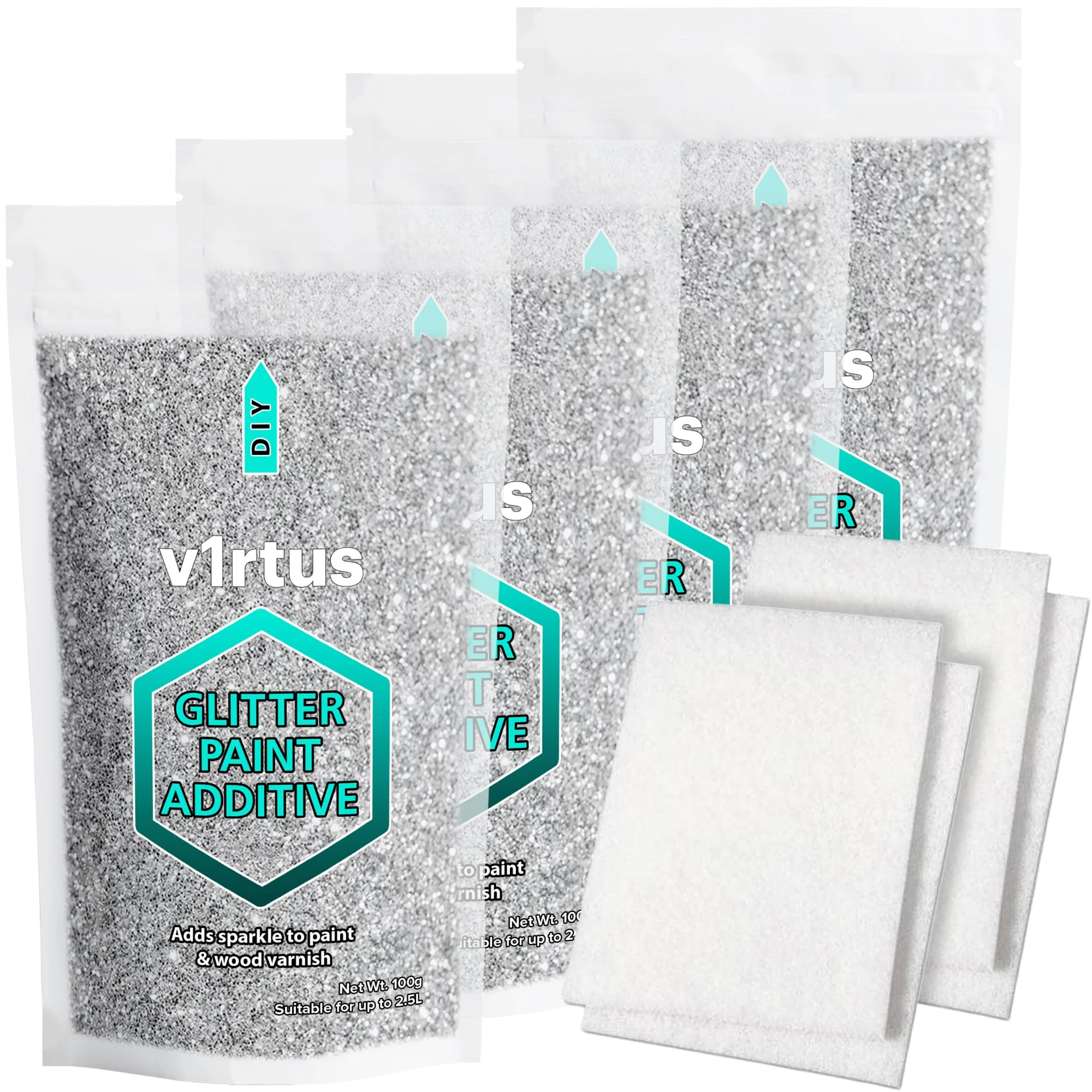 Silver Glitter Paint Additive 400g with 4X Buffing Pads | Additive for Glitter Paint Walls, Add to Interior & Exterior Paint, Emulsion, Varnish | v1rtus