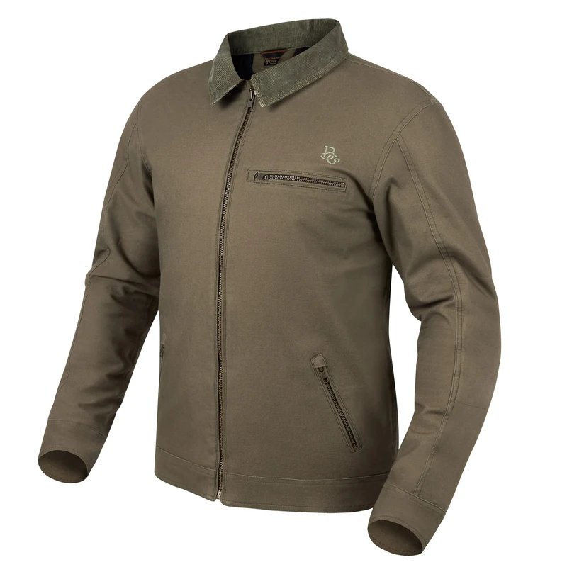 BROGER Montana Men's Motorcycle Jacket Elbow and Shoulder Protectors Adjustable Cuffs Corduroy Collar Outer Pockets with Zip, olive, M