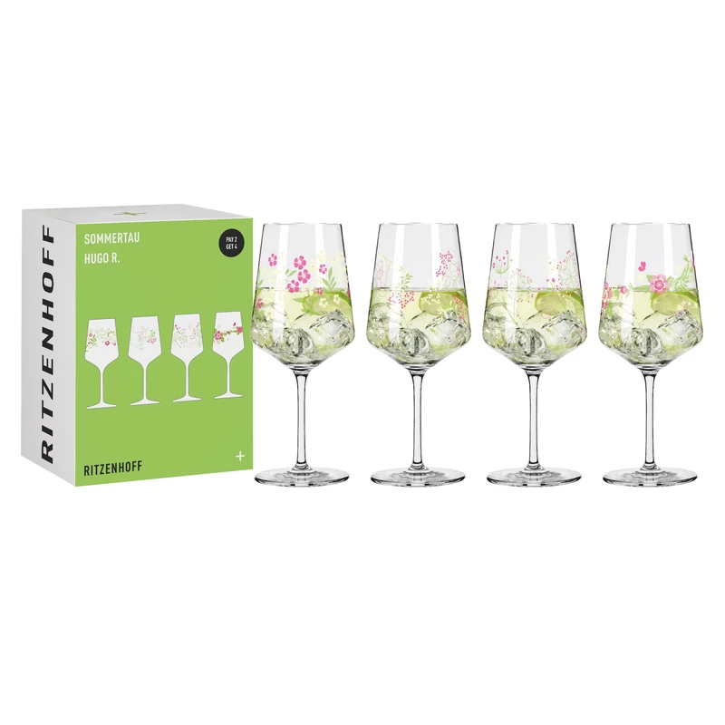 RITZENHOFF 6041003 Hugo Glass Set of 4 500 ml Aperitif Glasses Flower Motif Colourful Summer Dew Series Made in Germany - Image 1