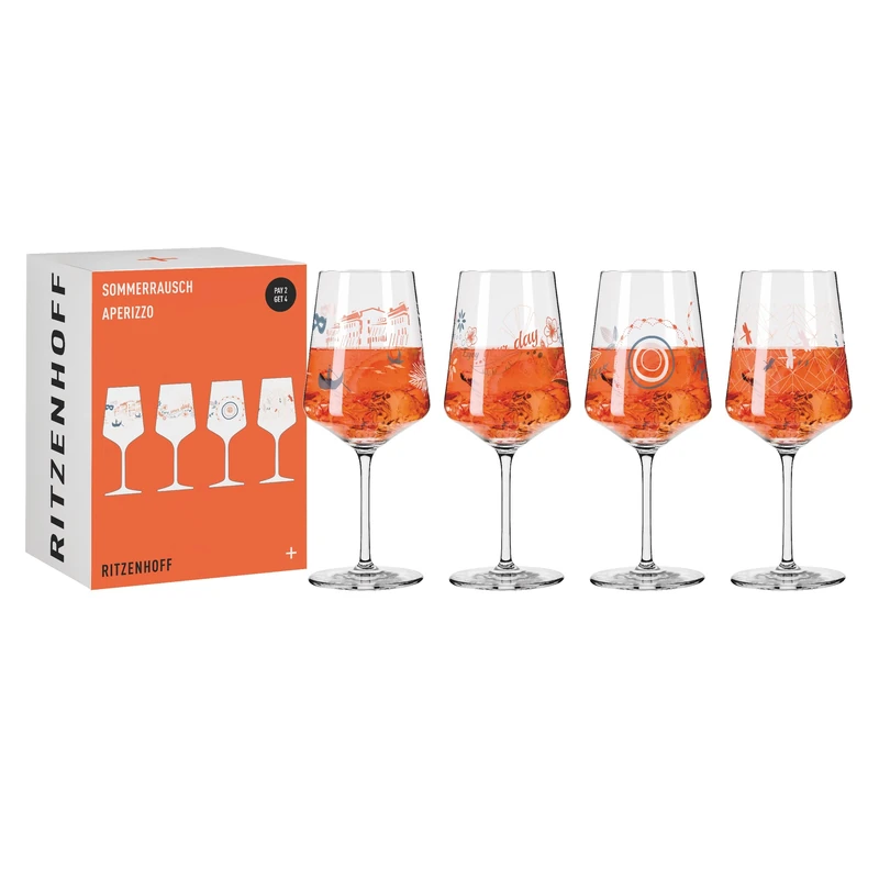 RITZENHOFF 6051003 Aperitif Glass Set of 4 500 ml – Aperizzo Glasses, Colourful Motif – Summer Rausch Series – Made in Germany, Orange, Blue, White - Image 1