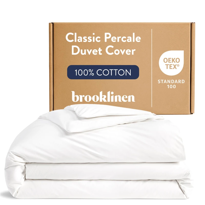 Brooklinen Luxury Percale Duvet Cover – 100% Cotton, Cool, Crisp, Extra-Long Corner Ties, Button Closure, Soft & Breathable – Machine Washable, Duvet Cover Full/Queen Bed Sizes (White)