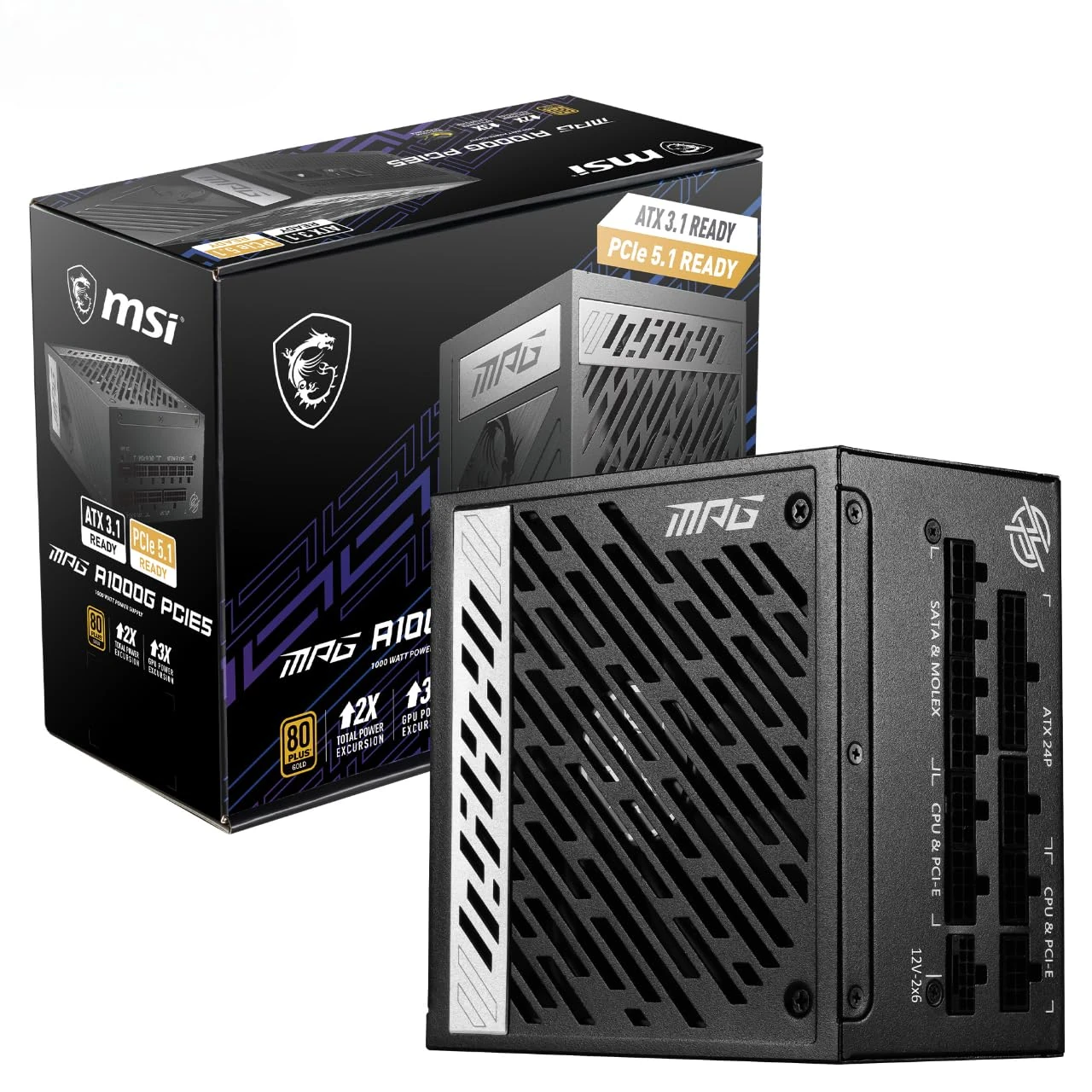 MSI MPG A1000G PCIE5 Power Supply Unit, UK Plug - 1000W, 80 Plus Gold Certified, Fully Modular ATX 3.0, PCIe 5.0 GPU Support, Japanese 105°C Capacitors, 0% RPM Mode, Flat Cables - 10 Year Warranty