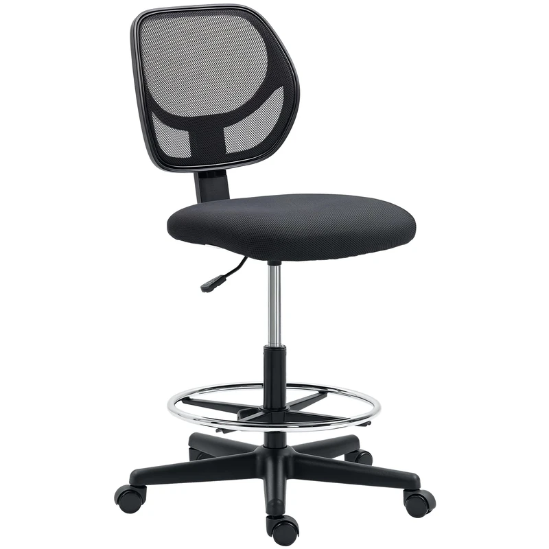Vinsetto Drafting Chair with Adjustable Footrest, Swivel Mesh Office Chair with Curved Back, Adjustable Height for Standing Desk, Black