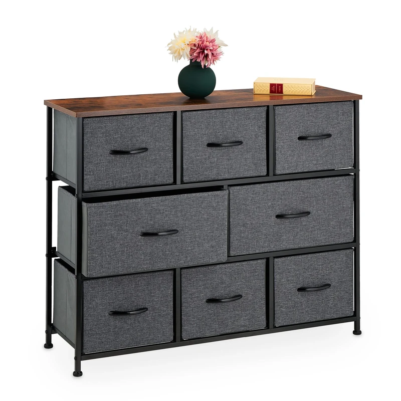 Relaxdays Chest of Drawers, Industrial Design, 78.5 x 100 x 30 cm, 8 Sections, Fabric & Metal, Wooden Look, Grey/Brown, Polyester
