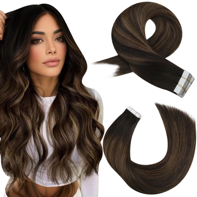 Moresoo Tape in Hair Extensions Balayage Dark Brown and Medium Brown Tape in Human Hair Extensions Double Sides Tape-ins 22 inch 20pcs/50G #2/6/2