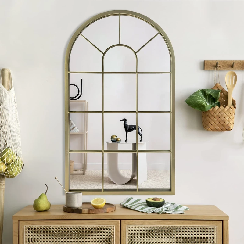 HQiJun Wall Mirror Window Decorative Mirrors Arched Farmhouse for Living Room Bedroom Entryway Bathroom Vanity (Gold, 41.3" x 24" x 1")