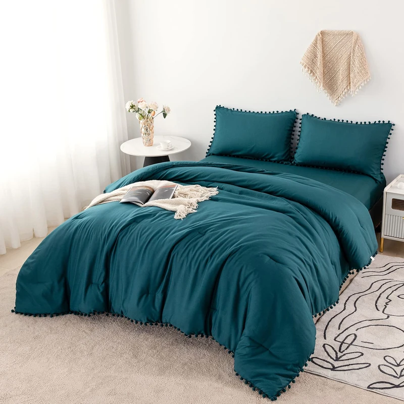 PERFEMET 5 Pcs Boho Bed in a Bag Queen Teal Boho Chic Pom Pom Fringe Comforter for Girls Women Ultra Soft Lightweight Bedding with Sheet Set for All Season(Teal, Queen)