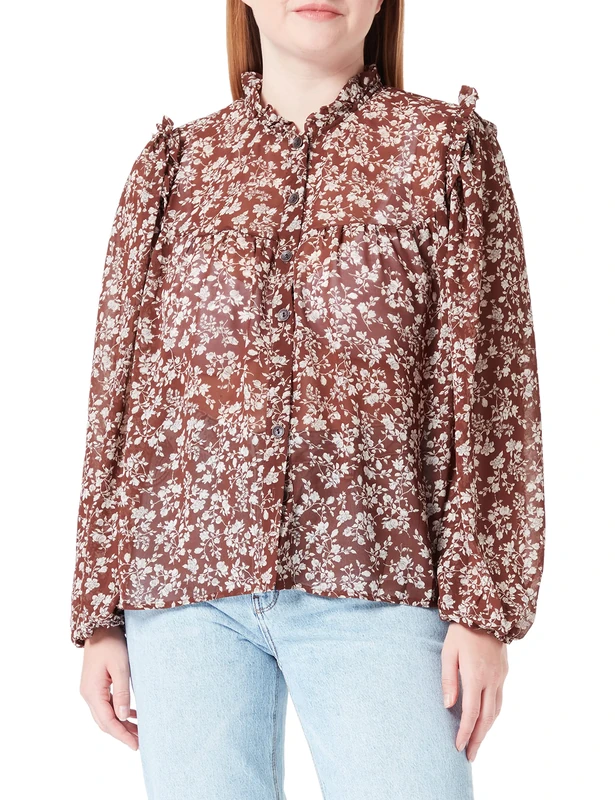 DreiMaster Vintage Women's Bridgeport Ruffle Blouse, Mustard White, XS