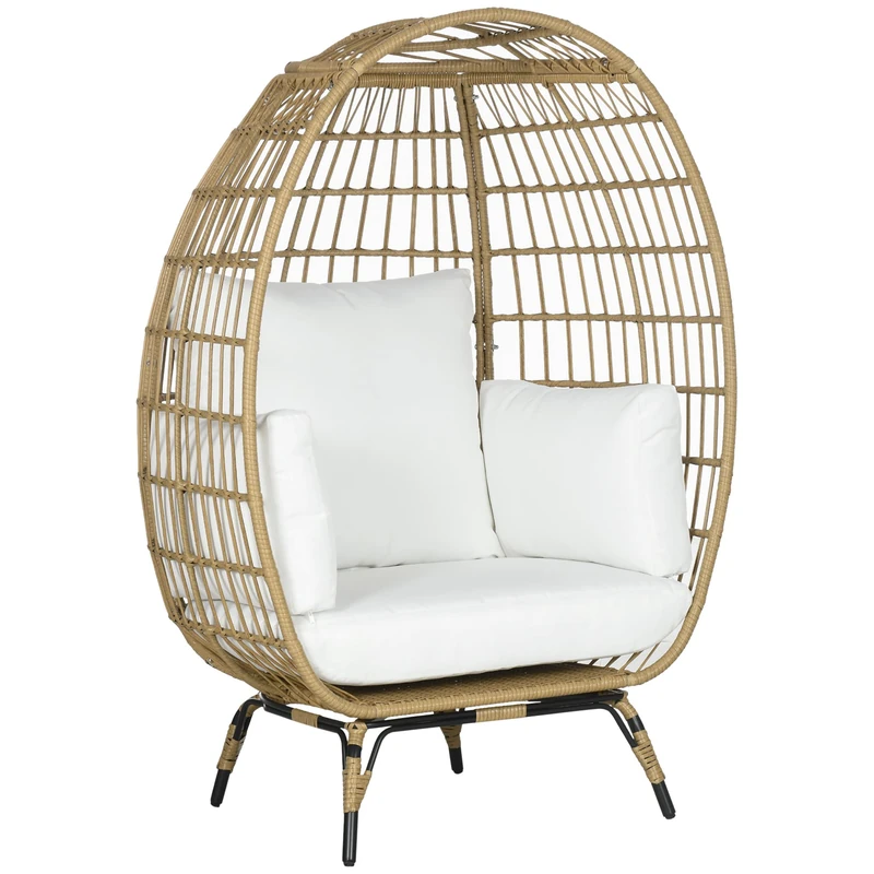 Outsunny Oversized Garden Egg Chair, Outdoor Wicker PE Rattan Chair with Thickened Padded Cushions and Pillows for Balcony, Porch, Khaki