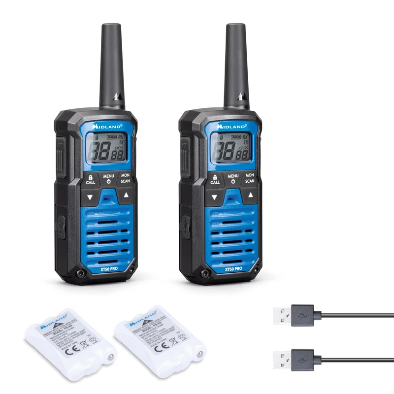 Midland - 2 Walkie Talkies XT50 PRO, IPX2 Waterproof Professional Walkie Talkie, 101 Channels 32 PMR446/69 LPD - 2 Way Radio, 8km, 12H Battery, VOX, Scan, Emergency RRM Channel, Rechargeable Batteries