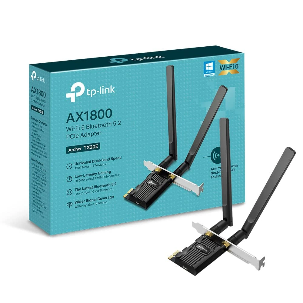 TP-Link Archer TX20E AX1800Mbps WiFi 6 High Gain Bluetooth 5.2 PCIe Adapter, Dual-Band WiFi Adapter for PC, Low-Profile Bracket, MU-MIMO, Low-Latency Gaming, Supports Windows 10/11, Highly Secure WPA3