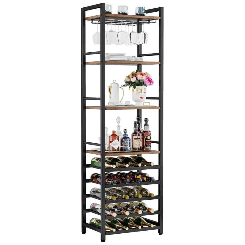 LITTLE TREE Wine Rack Freestanding Floor, 9 Tier Wine Bar Cabinet for Liquor and Glasses Storage, Wine Bottle Holder Shelf for Home Kitchen Dining Room, Rustic Brown (20 Bottle)