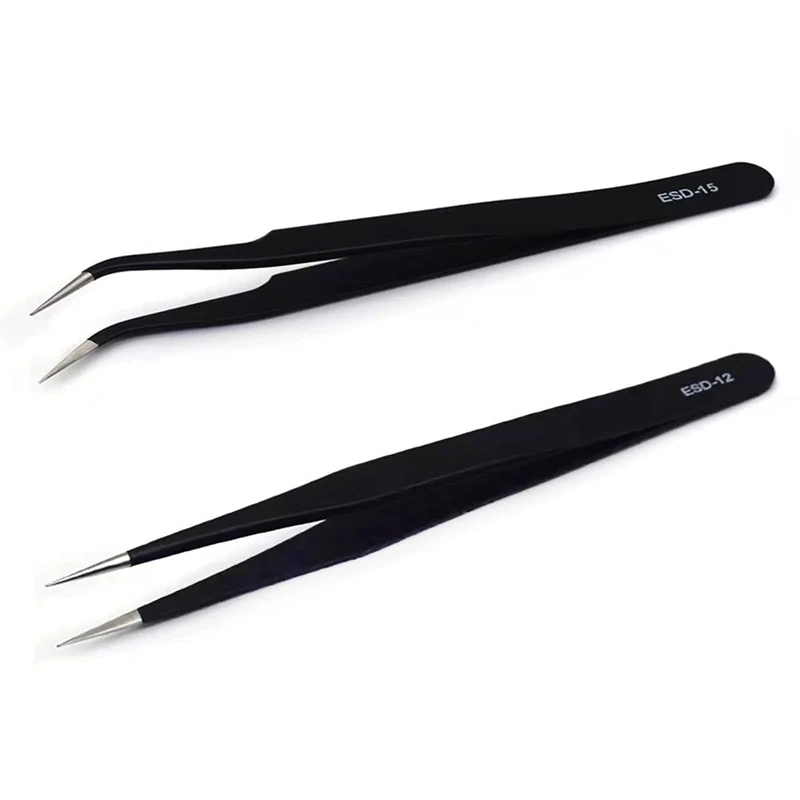 2 Pieces Black Precision ESD Tweezer Set for Crafting, Modelling, Anti-Static Stainless Steel for Electronic Device Repair, Electronics, Laboratory