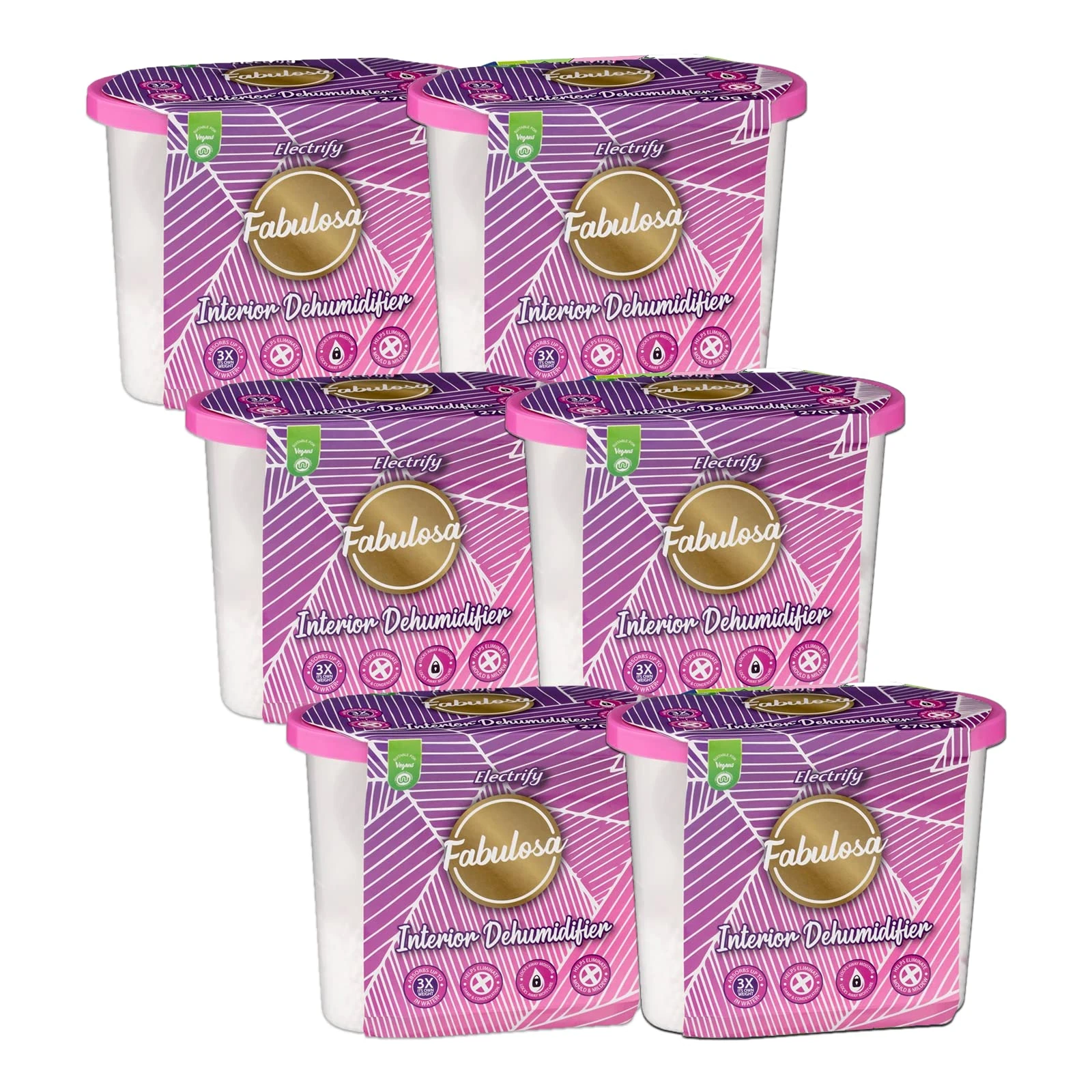 Fabulosa Moisture Absorber, Damp Absorber, Condensation Absorbing, Mould & Mildew Eliminating, Odour Removing Interior Dehumidifier, 270g, 6 Pack, Electrify
