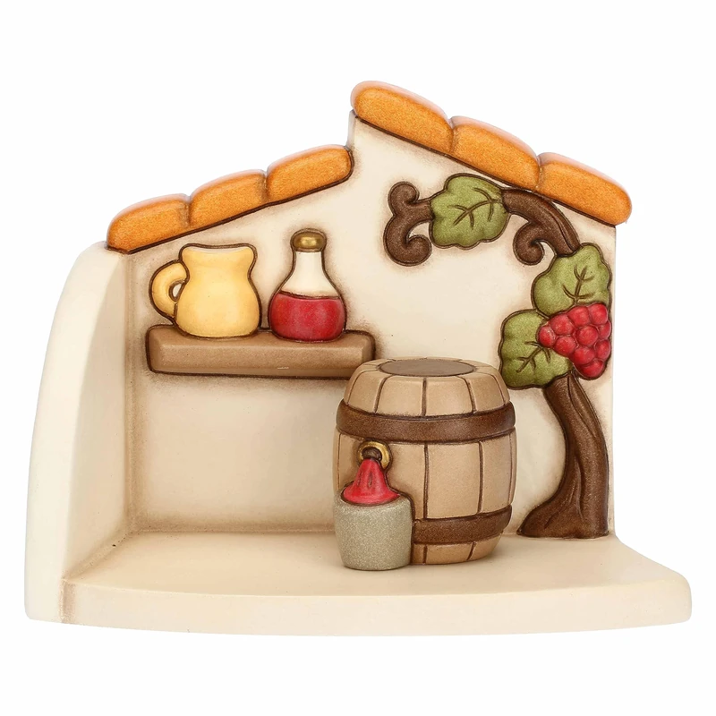 THUN - Hand-Decorated Ceramic Wine Shop, Classic Nativity Line, Home Christmas Decoration, Workshop 16 x 10 x 13 cm h; Barrel 4.3 x 4.3 x 4.5 cm h