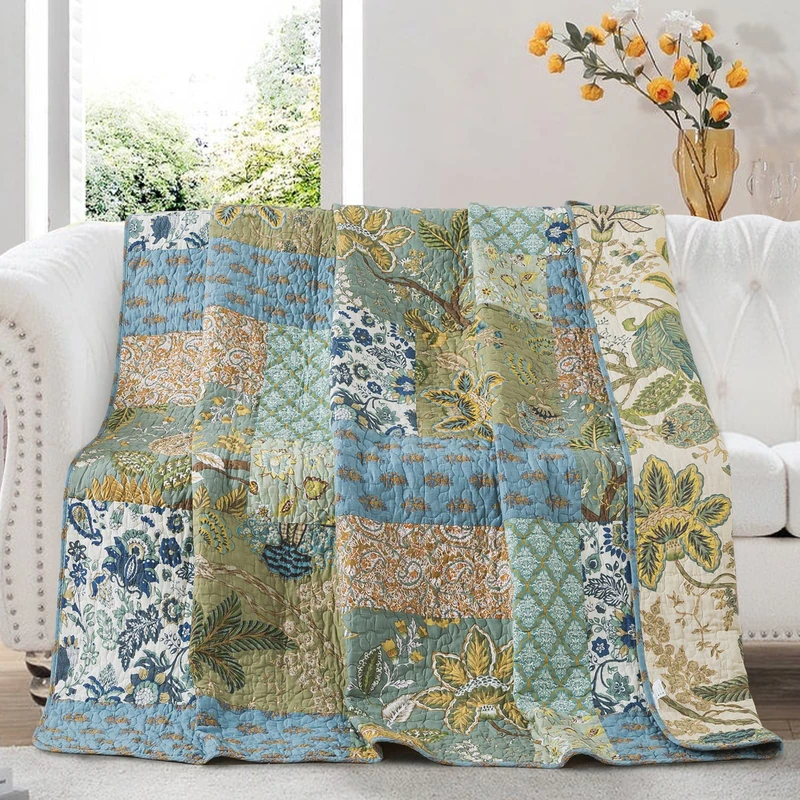 NEWLAKE Cotton Quilted Throw Blanket for Bed Couch Sofa, Reversible Patchwork Matelasse Blanket with Real Stitched Embroidery, Bohemian Floral Pattern, 60X78 Inch