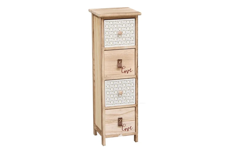 MIMBRE NATURAL Love - 4 Drawers Romantic Natural Wood with Four Drawers, Two of which with the Word 'Love' and the Other Two, with Geometric Pattern (25 x 25 x 84.5)