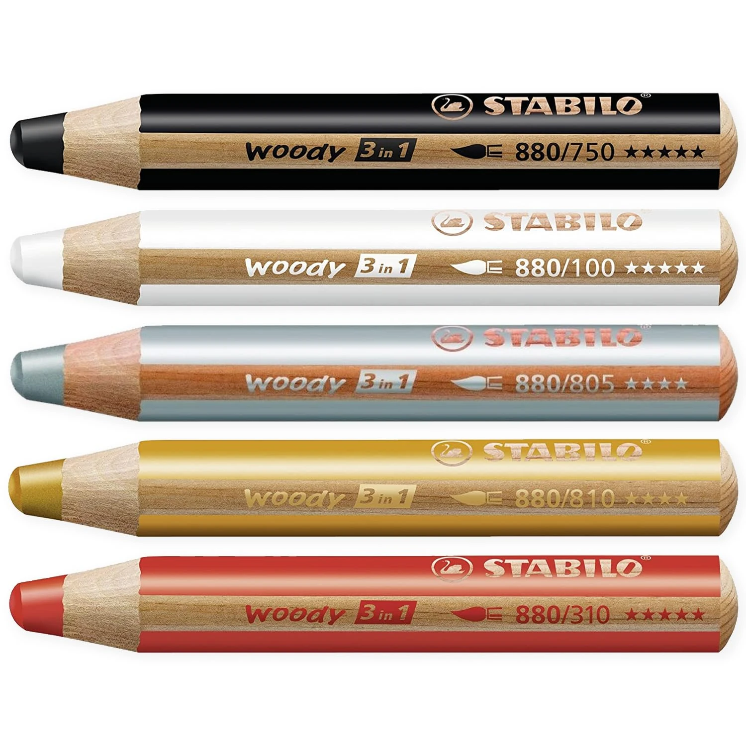 STABILO Multi-talented Pencil woody 3-in-1 - Basic Box of 5 - Silver, Gold, White, Black, Red + Sharpener