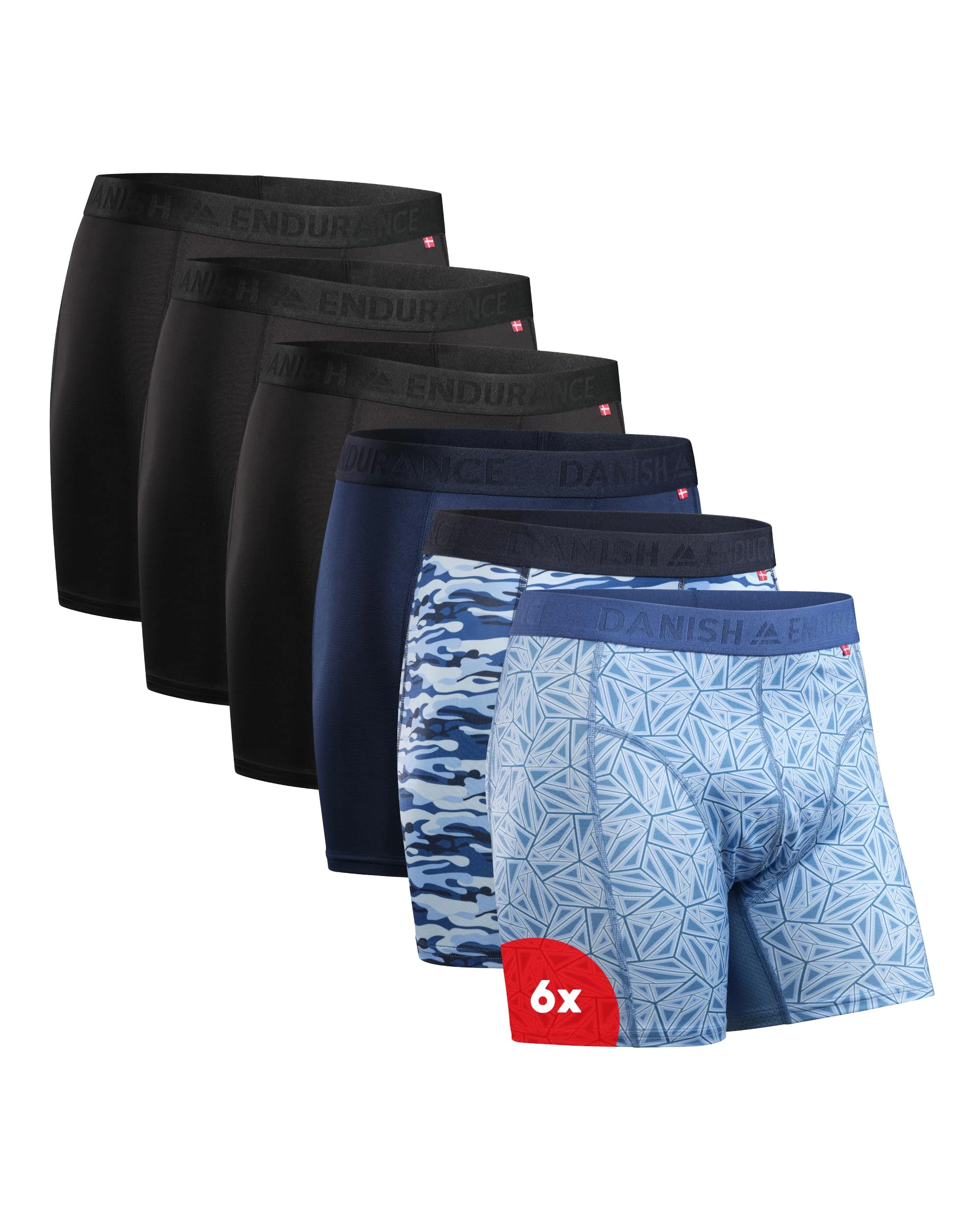 DANISH ENDURANCE Mens Boxers, Anti Chafing, Long Leg or Regular, Sports Underwear Men, Running Boxers, 6 Pack, Multicolour (3x Black, 1x Blue, Camo, Mosaic), XX-Large