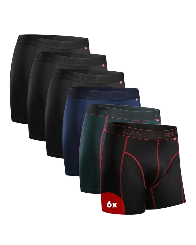 DANISH ENDURANCE Sports Boxers for Men, Dry Fit, Anti Chafing Mens Boxer Shorts Multipack, with Regular or Long Leg, 6 Pack, Multicolor (3x Black, 1x Blue, Black/Red, Green), XXL