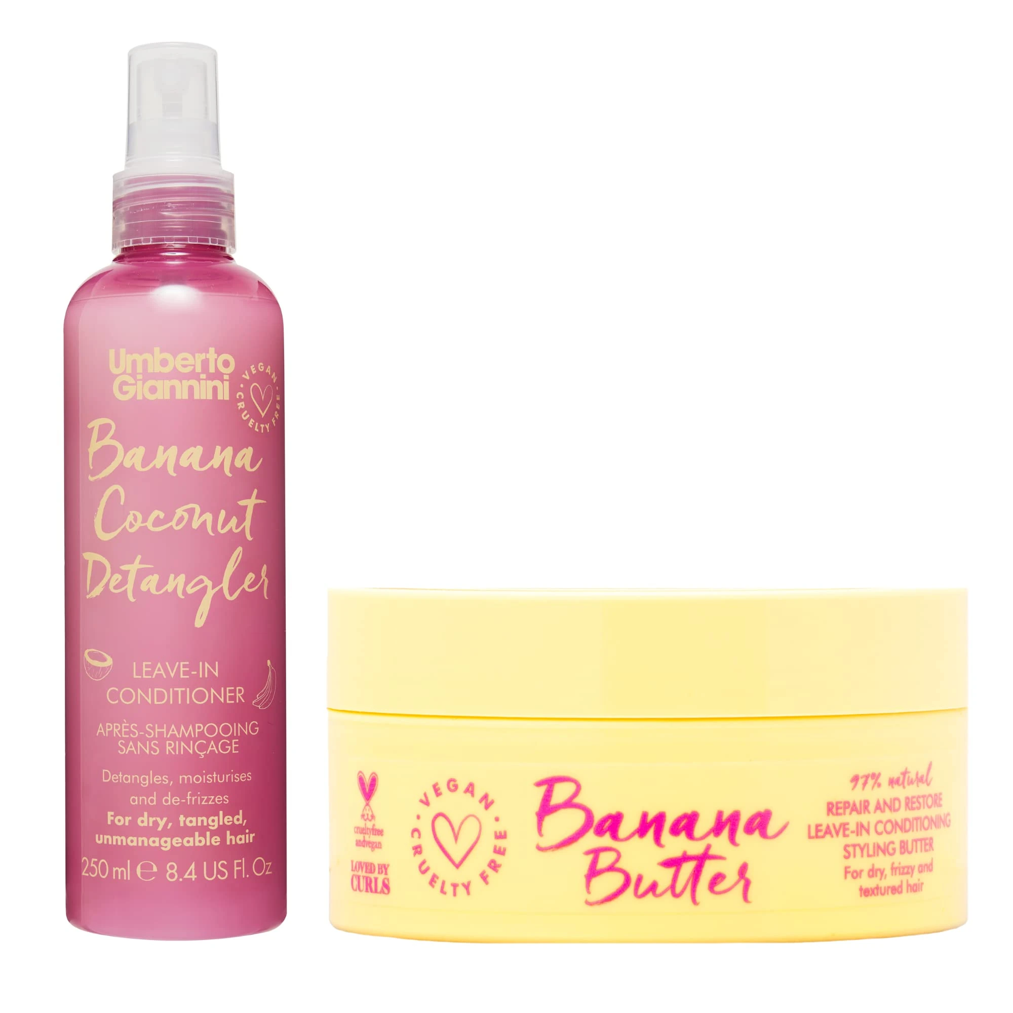 Umberto Giannini Coily Banana Butter Vegan Leave-in Conditioner 200ml & Banana Coconut Detangler 250ml - Leave in Conditioning Spray & Cream Duo