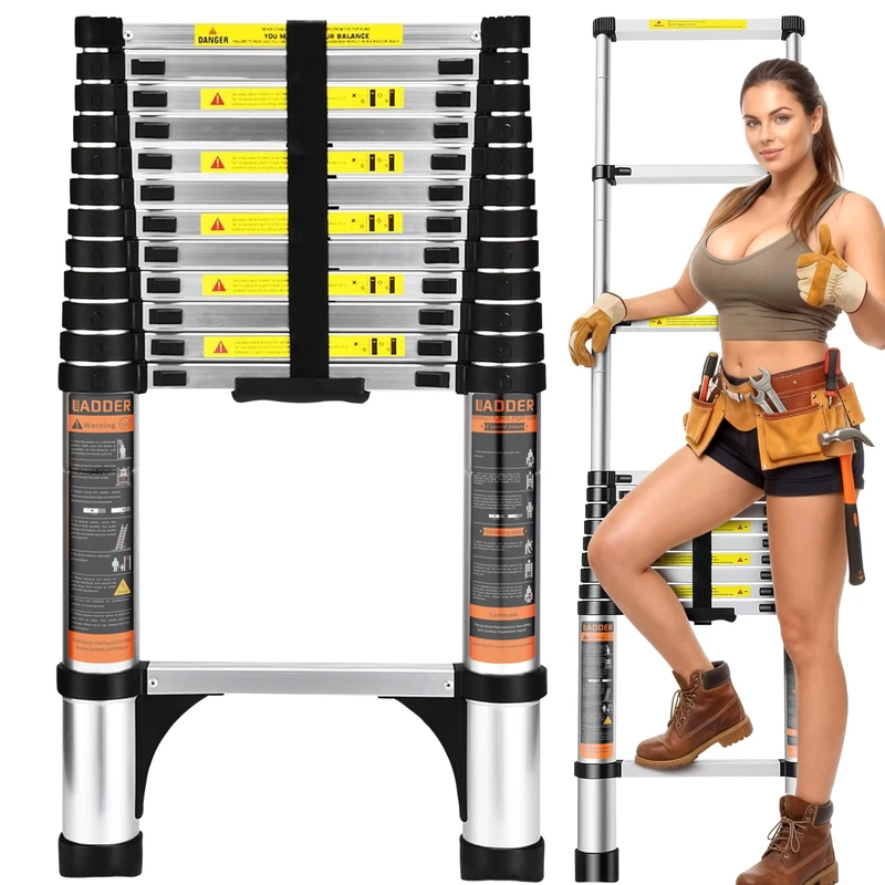 DIMKO Folding Telescoping Ladder 12.5 FT, Aluminum Extendable Ladder with 2 Detachable Hooks, Retractable Telescopic Extension Ladder for Indoor Or Outdoor, Lightweigh Collapsible Telescoping Ladders