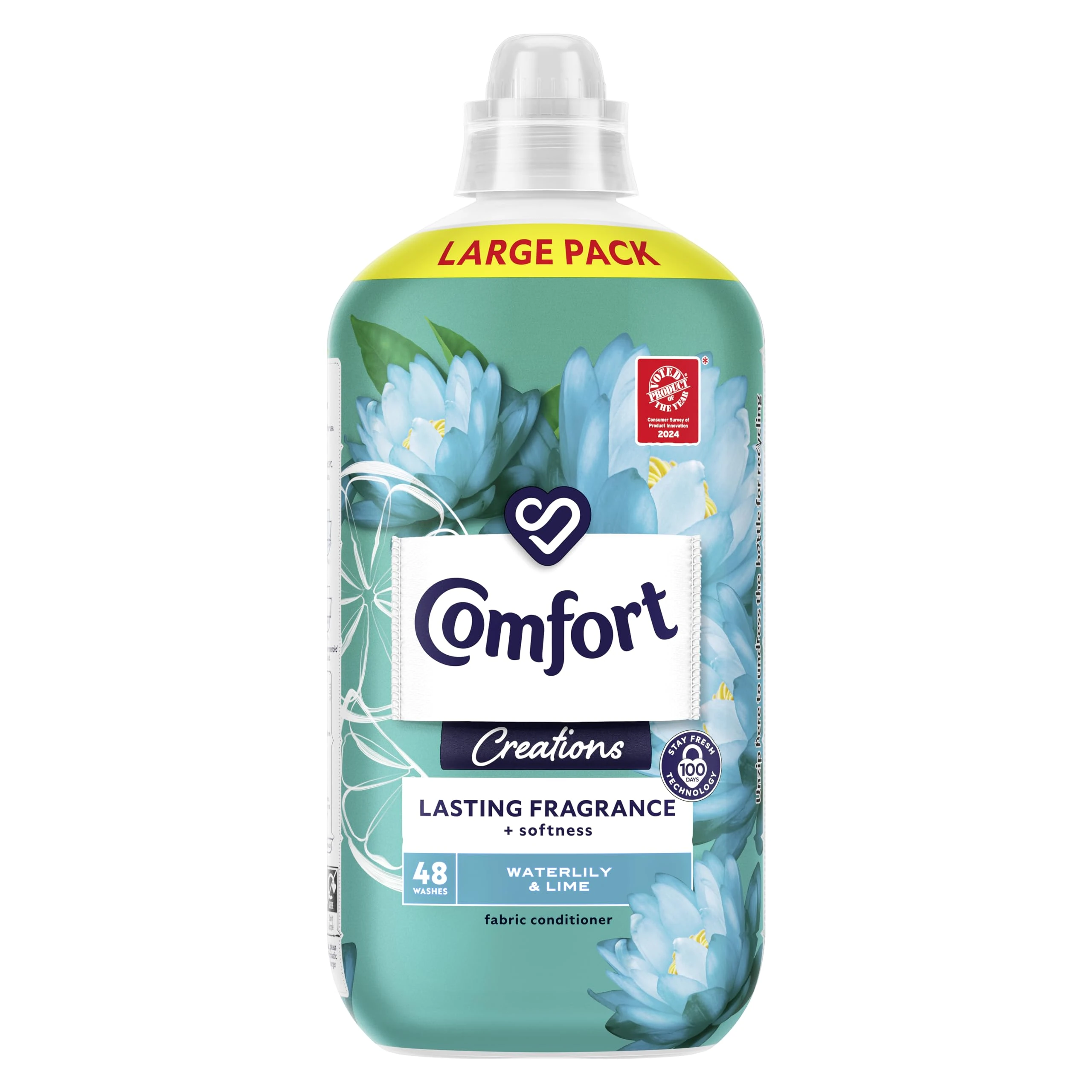 Comfort Creations Waterlily & Lime Fabric Conditioner with Stay Fresh technology for 100 days of freshness + fragrance* 48 washes (1.44 L)
