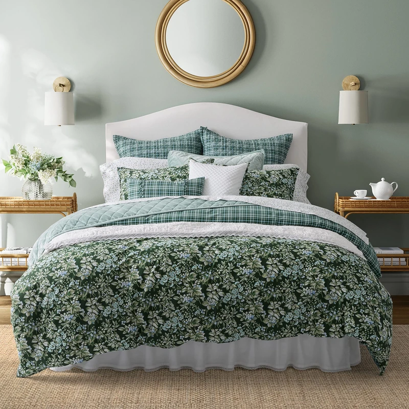 Laura Ashley Cotton Bedding with Matching Shams, Home Decor with Plaid Reverse, Bramble Floral Green, King