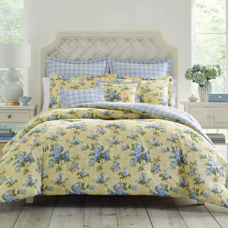 Laura Ashley - King Duvet Cover Set, Reversible Cotton Bedding with Matching Shams, Includes Bonus Euro Shams & Throw Pillow Covers (Cassidy Yellow, King) - Image 1