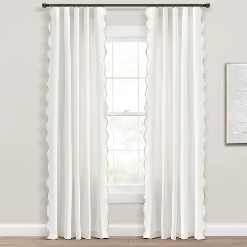 Lush Decor Coastal Chic Scallop Edge Window Curtain Panel Pair, 52" W x 84" L, Gray & Off-White