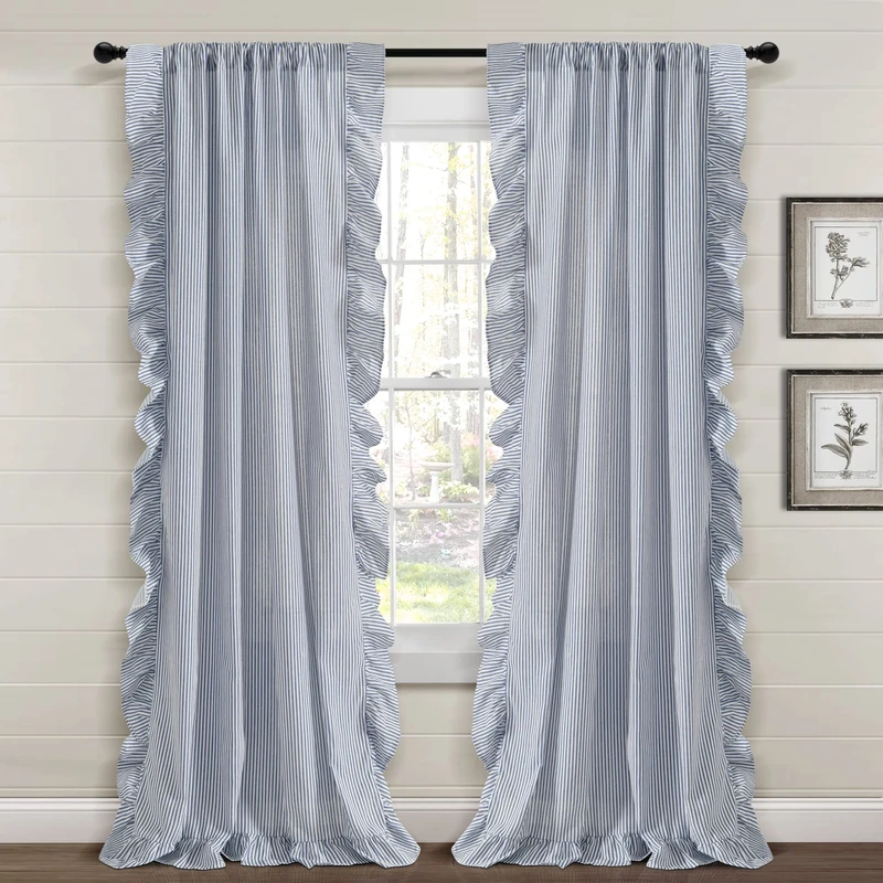 Lush Decor Farmhouse Reyna Ruffle Window Curtain Panel Pair, 52" W x 84" L, Navy