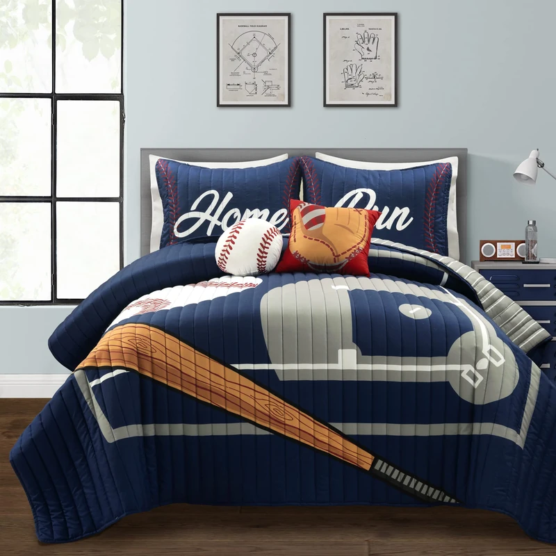 Lush Decor Baseball Game Reversible Oversized Kids 5 Piece Quilt Set, Full/Queen, Navy & Gray