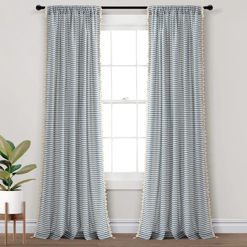 Lush Decor Boho Coastal Horizontal Ticking Stripe Tassel Window Curtain Panel Pair, 52" W x 84" L, Blue