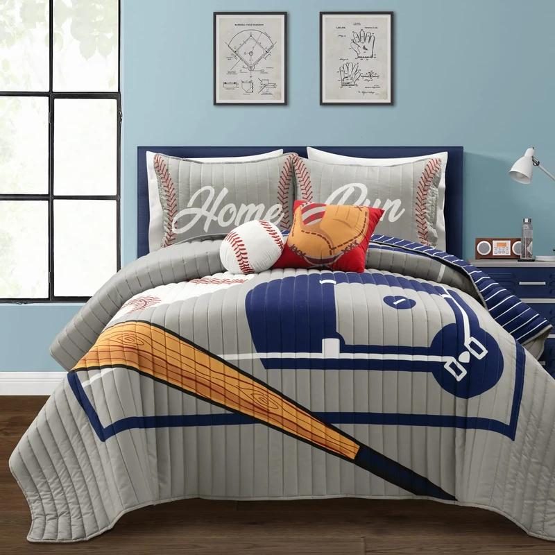 Lush Decor Baseball Game Reversible Oversized Kids 5 Piece Quilt Set, Full/Queen, Gray & Navy