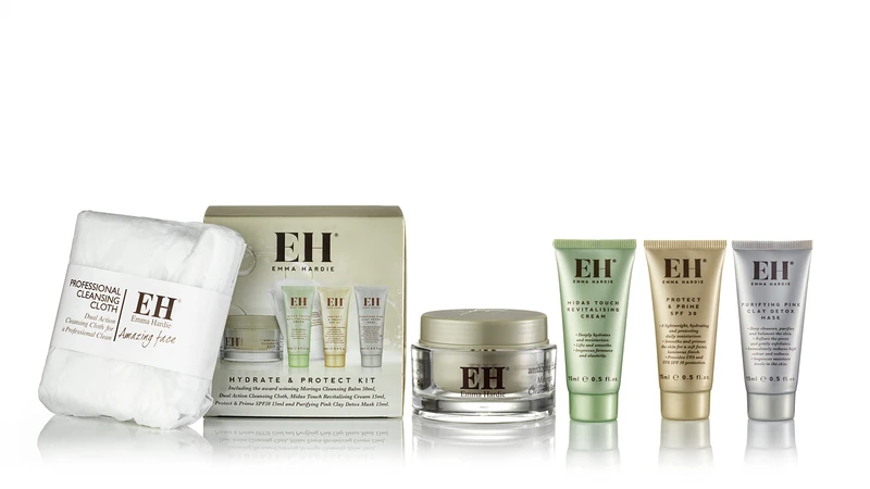 Emma Hardie Hydrate & Protect Gift Set: Moringa Cleansing Balm 50ml, Midas Touch Cream 15ml, Protect & Prime SPF30 Cream 15ml, Pink Clay Detox Mask & Cleansing Cloth - Image 1