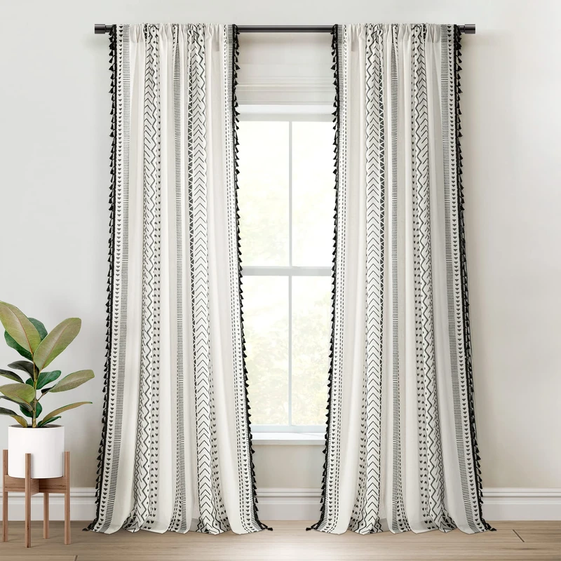 Lush Decor Hygge Boho Stripe Tassel Window Curtain Panel Pair, 52" W x 84" L, Black & White