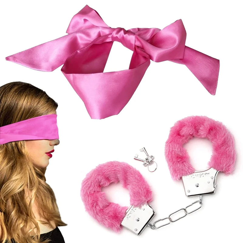 Metal Handcuffs with 2 Keys, Fluffy Handcuffs Satin Eye Mask, Handcuffs for Women Cosplay,Handcuffs Prop Dress Ball Party,Satin Headband for Sleeping Games,Valentine's Gift (Pink)