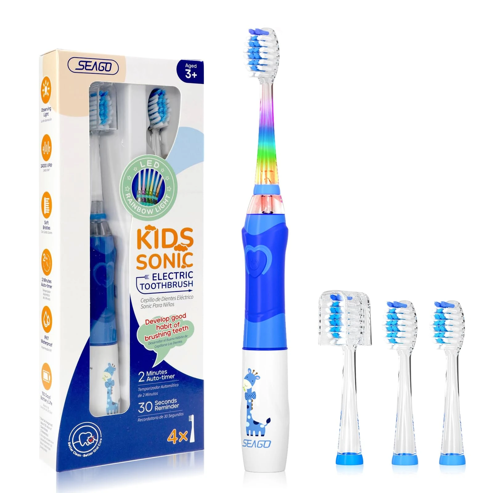 Seago Kids Electric Toothbrush, Battery Powered Toothbrushes for Childrens with Timer, Rainbow LED Light, 4 Brush Heads, Soft Bristles, Fun for Boys and Girls Aged 3 Years and Up, SG977(Blue)