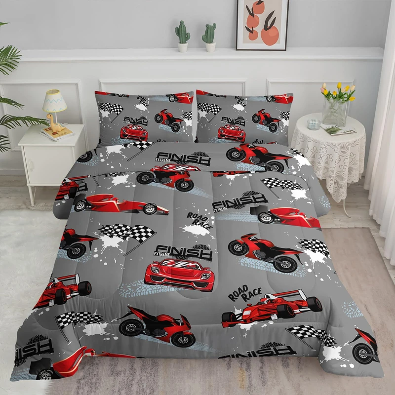 Axolotl Kid Comforter Set - Twin Size, Racing Car Bedding Set for Boys & Girls, Race Cars Quilt Bed Set with 1 Comforter 2 Pillowcases, Red & Grey