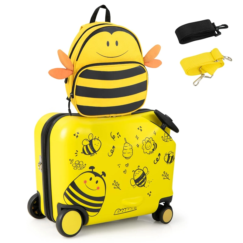 GYMAX 2Pcs Kids Luggage Set, 12" & 18" Children Hand Trolley Case with Wheels and Anti-Lose Rope, Girls Boys Carry On Suitcase for Travel School (Yellow) - Image 1