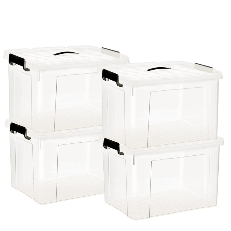 Plastic Storage Box with Lid,4 Pack 25L Storage Boxes Clear Stackable Storage Bin with Latching Buckles and Lids for Home and Office